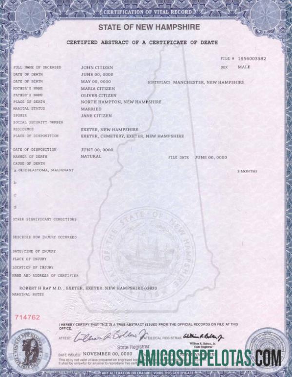 Em branco modelo de certidão de óbito do estado dos EUA em New Hampshire em formato PSD